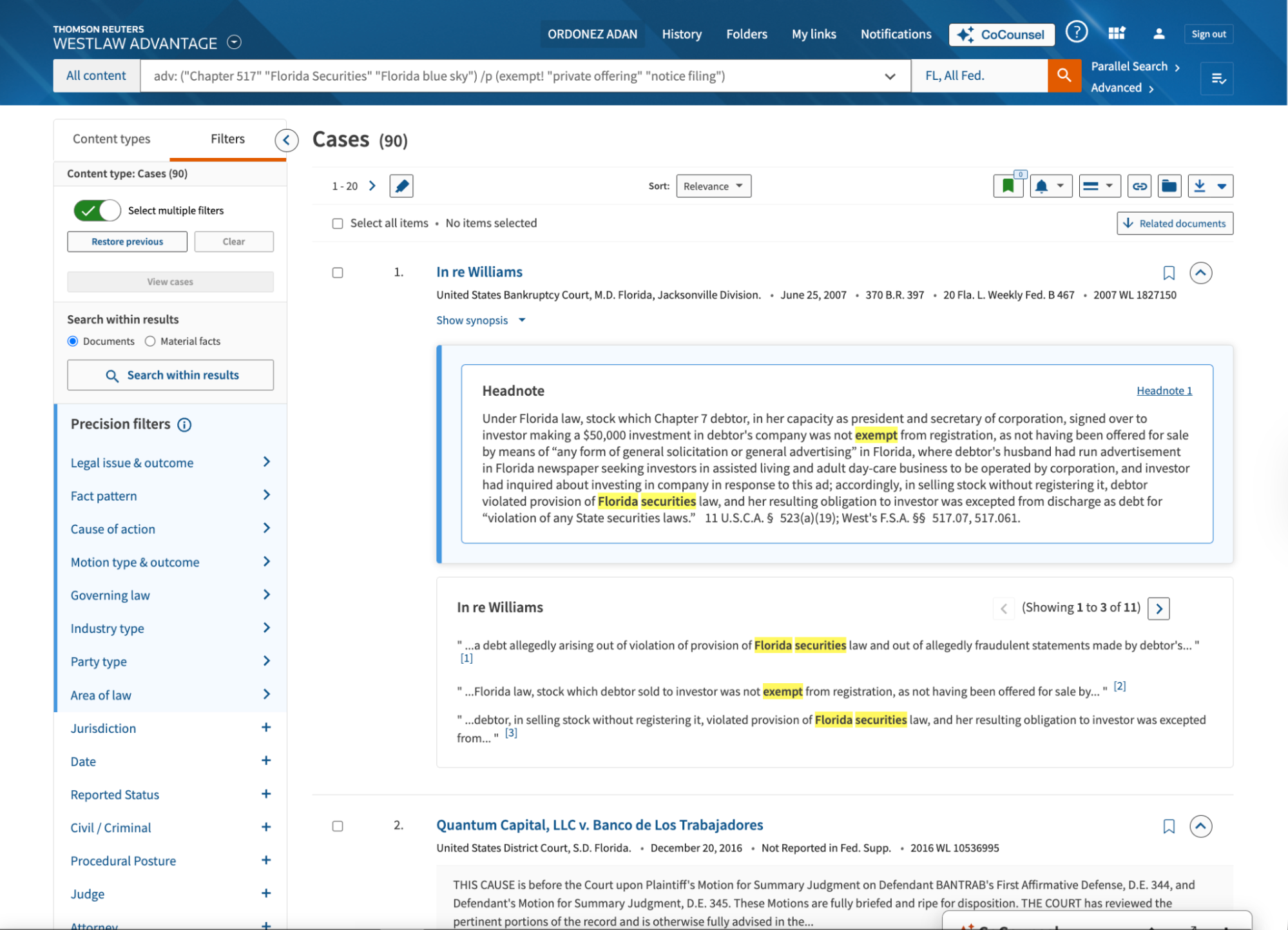 Screenshot of legal research results